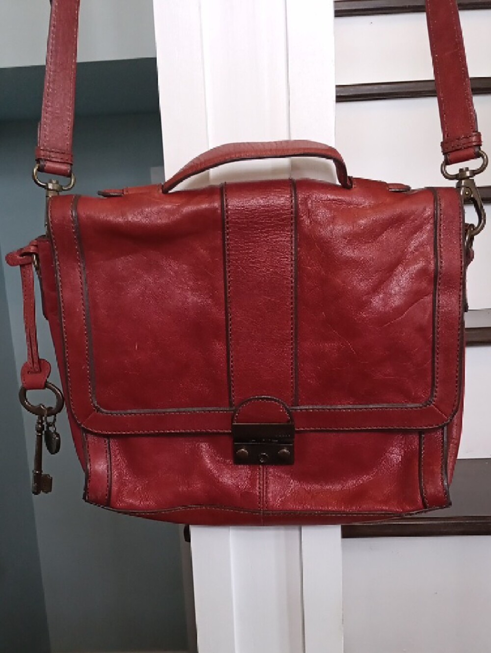 + Fossil Red Leather Messenger Crossbody Bag